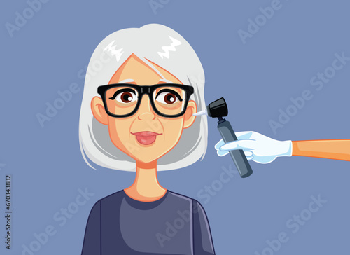 Elderly Woman Visiting an ENT Doctor Vector Cartoon Illustration. Practitioner examining an senior patient giving an ear exam 