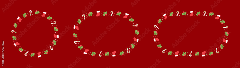 Christmas Frame Border Set, Winter Holiday Graphics. Cute Mistletoe, Santa Stocking and Candy Cane pattern, card and social media post template vector illustration.