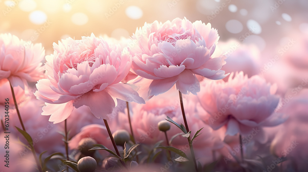 pink peonies in the fog, a floral morning in a field of flowers pink peonies in the fog, a floral morning in a field of flowers
