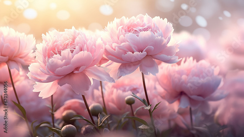 pink peonies in the fog, a floral morning in a field of flowers