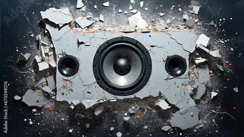 loud background music, cracks on the destroyed speaker from the powerful loud sound of music, abstract fictional background computer graphics