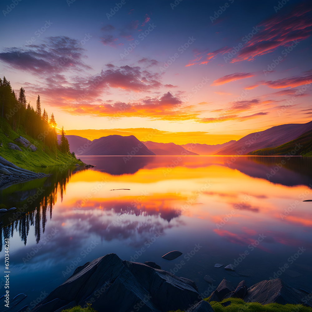 Majestic Sunrise over Tranquil Mountain Range and Reflective Lake
