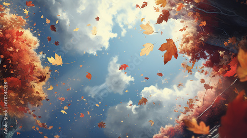 autumn leaf fall  falling leaves on the background of a light blue autumn sky  yellow and red leaves flying from the sky  view up