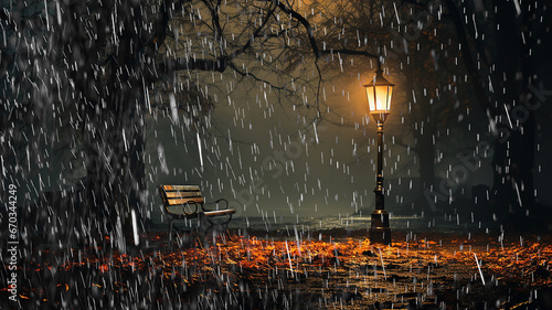 autumn background rain and copy space vintage lantern among autumn trees, fictional computer graphics