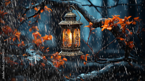 autumn background rain and copy space vintage lantern among autumn trees, fictional computer graphics