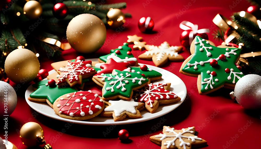 Christmas-shaped cookies decorated with fondant on a red table adorned with baubles, served on a plate