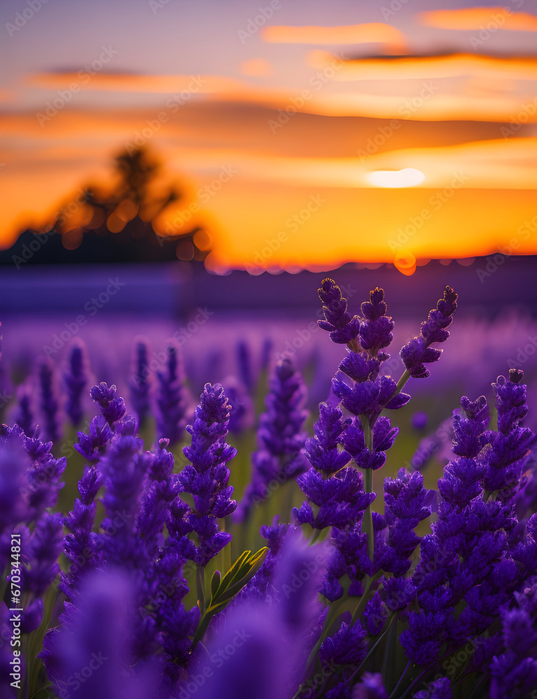 Fototapeta premium A serene field of lavender under a colorful sunset sky. 
