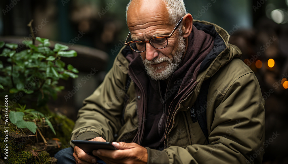 Senior man in nature, smiling, holding mobile phone, enjoying retirement generated by AI