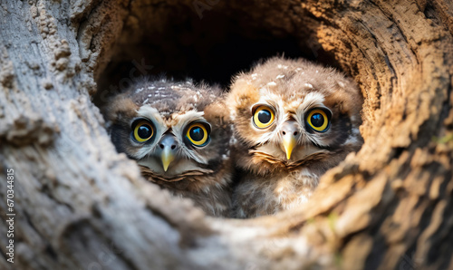 Curious two baby owls inside tree hole nest peeking out of the hole © Vodkaz