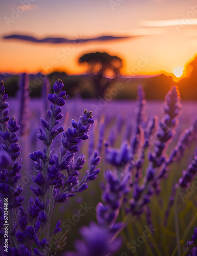 A serene field of lavender under a colorful sunset sky. 