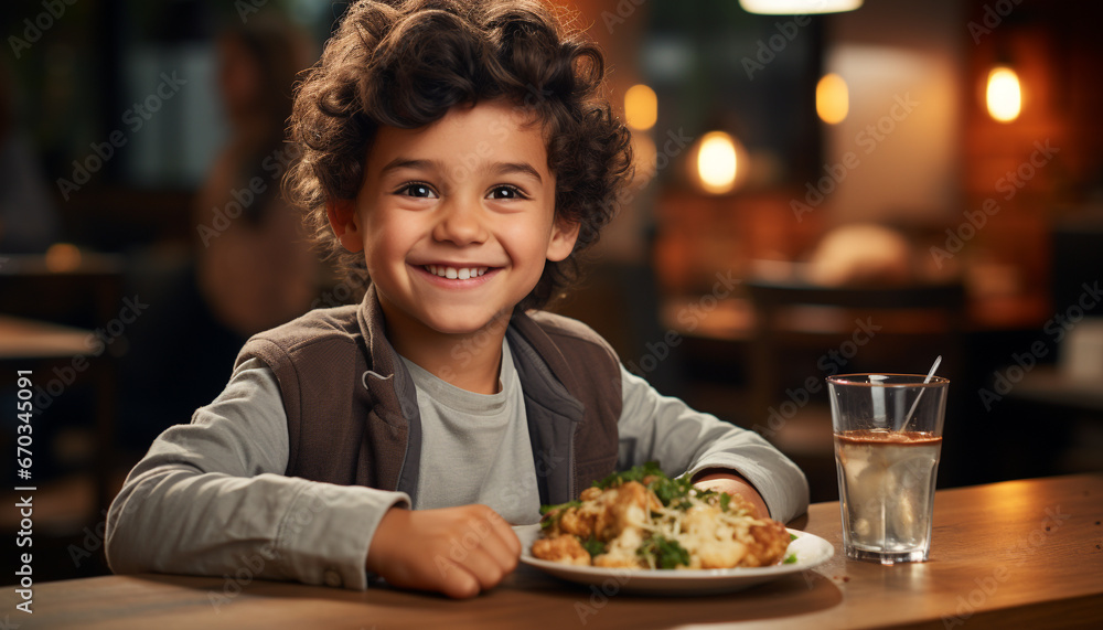 Smiling child enjoying meal, looking at camera in cozy kitchen generated by AI Smiling child enjoying meal, looking at camera in cozy kitchen generated by AI