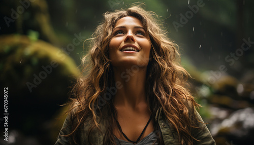 Young woman enjoying the rain in the forest, carefree and happy generated by AI © Jemastock
