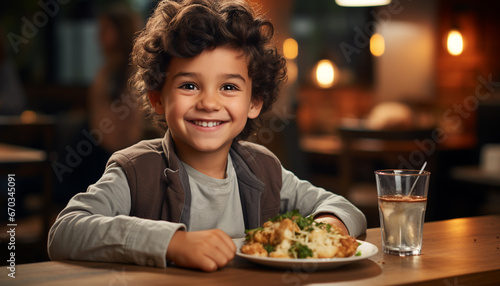 Smiling child enjoying meal  looking at camera in cozy kitchen generated by AI