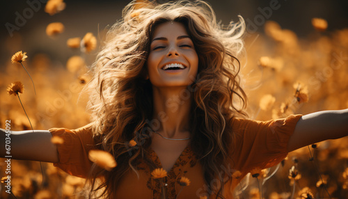 Young woman enjoying nature, smiling with carefree happiness in autumn generated by AI