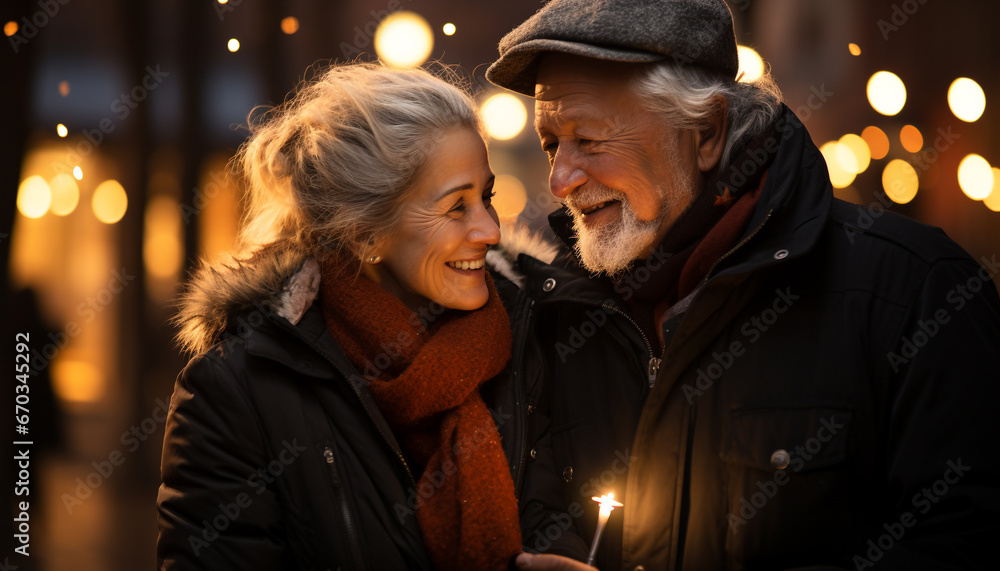 A loving couple embraces, smiling, enjoying retirement together outdoors generated by AI