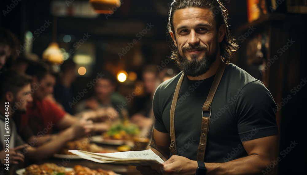 A confident man, expert in craft, smiling, holding food, looking generated by AI A confident man, expert in craft, smiling, holding food, looking generated by AI