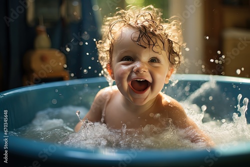 a baby happy bath time, a child laughing in bath tub, Generative Ai	
