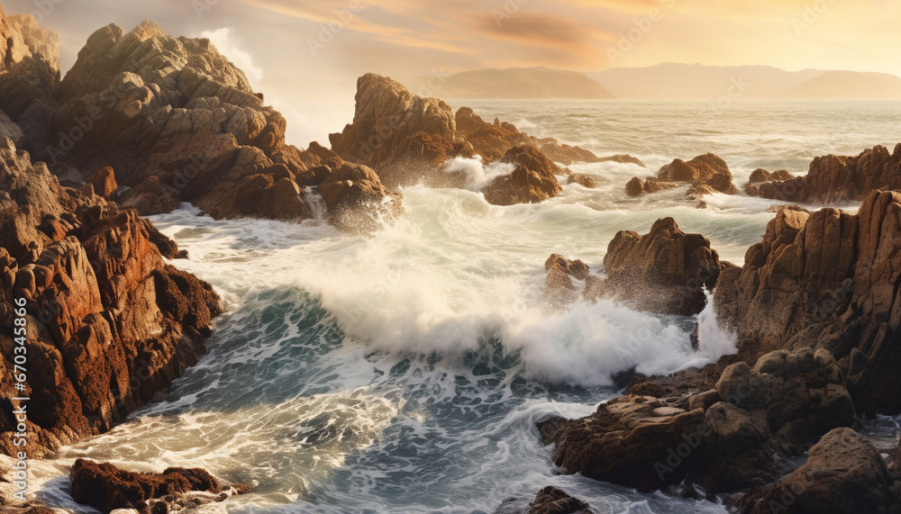 Sunset over rocky coastline, waves breaking on water, nature beauty generated by AI