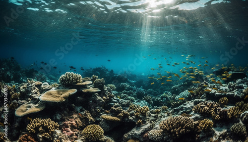 Underwater reef, fish, nature, blue water, animal, deep, tropical climate, coral, scuba diving generated by AI