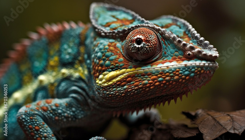 A cute green gecko with colorful pattern looks at camera generated by AI