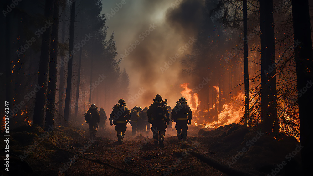 a group of firefighters on a forest fire a view from the back against the background of wildfire in the forest fiction, computer graphics - obrazy, fototapety, plakaty 