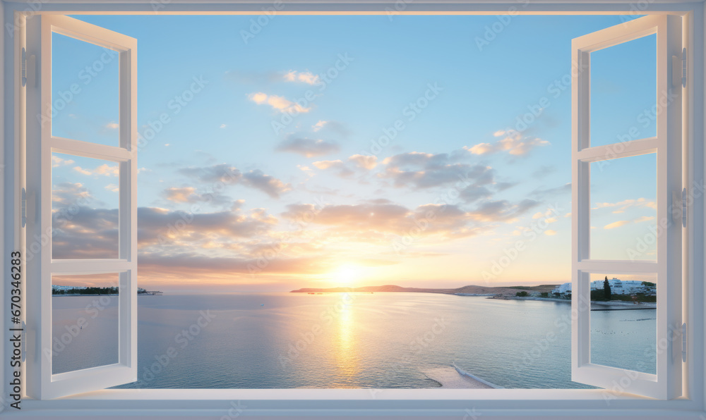 white window open with a view of the sea white window open with a view of the sea