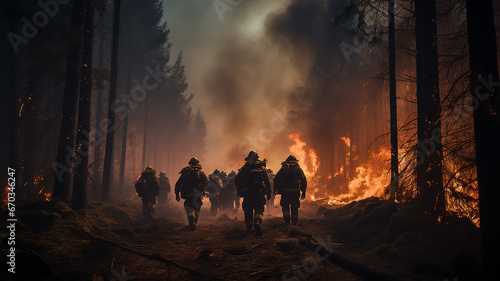 a group of firefighters on a forest fire a view from the back against the background of wildfire in the forest fiction, computer graphics