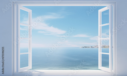 white window open with a view of the sea