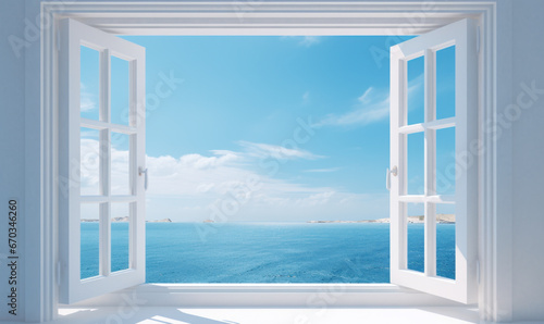 white window open with a view of the sea photo