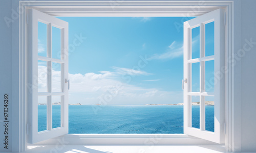 white window open with a view of the sea