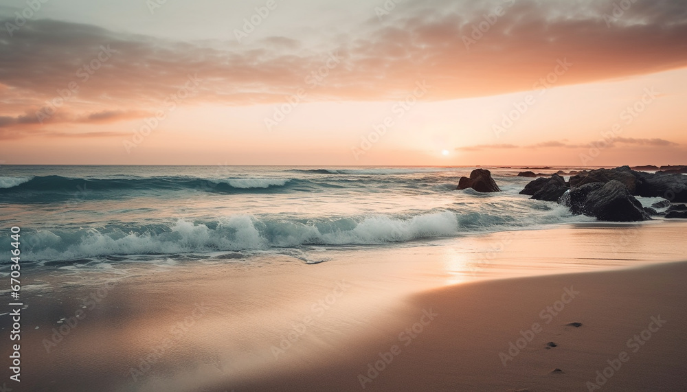 Sunset over the tranquil coastline, waves reflecting the golden twilight generated by AI Sunset over the tranquil coastline, waves reflecting the golden twilight generated by AI