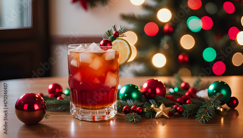 "Cocktail drinks in Christmas red hues in glass tumblers with ice on a wooden table adorned with baubles and a festive background with lights."