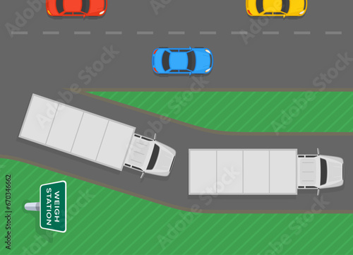 Heavy vehicle driving rules and tips. Weigh station area. Top view of a semi-trailers on a queue to station. Flat vector illustration template.