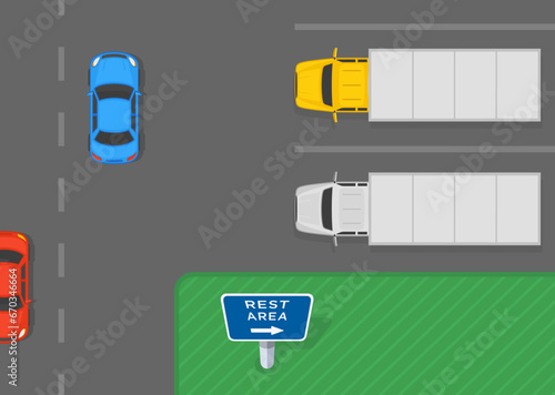 Heavy vehicle driving rules and tips. Rest area sign zone. Top view of a semi-trailers on outdoor parking. Flat vector illustration template.