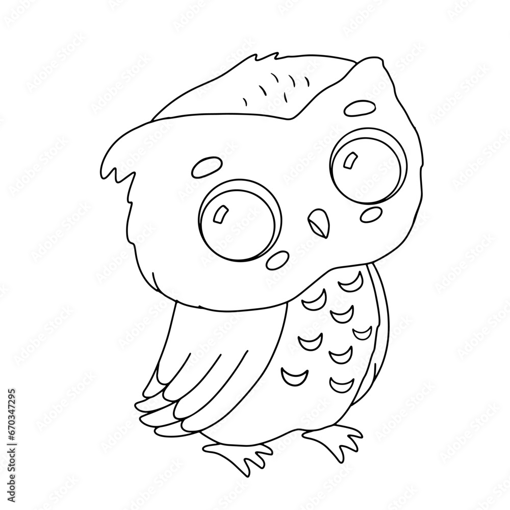 Cute little owl line. Vector outline sketch for childish coloring book. Baby bird for kids Cute little owl line. Vector outline sketch for childish coloring book. Baby bird for kids