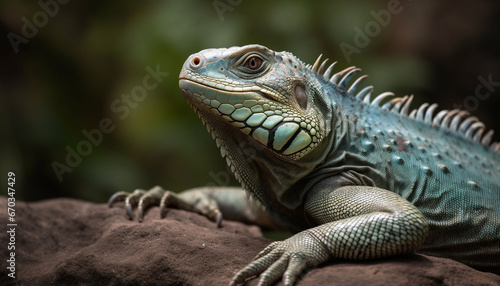 Green iguana crawling on branch in tropical rainforest generated by AI