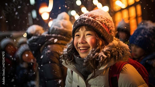 happy girl in winter night outdoor with bokeh light during snow fall, Generative Ai