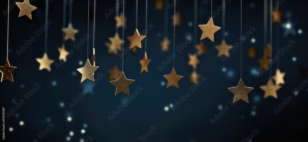 Golden star decorations hanged on a black background, christmas concept. - obrazy, fototapety, plakaty 