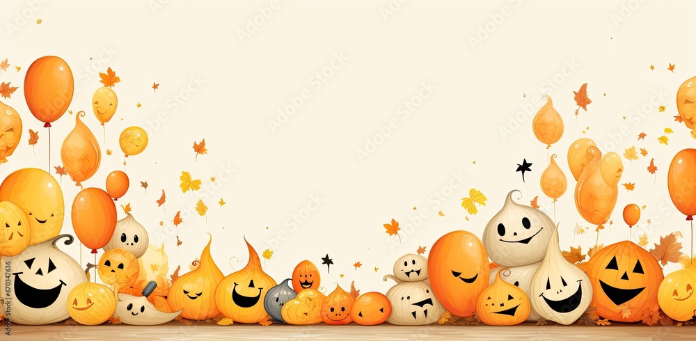 Fototapeta premium Halloween holiday concept with jack o lantern glitter pumpkin decor decoration and party concept air balloons for halloween over yellow background.