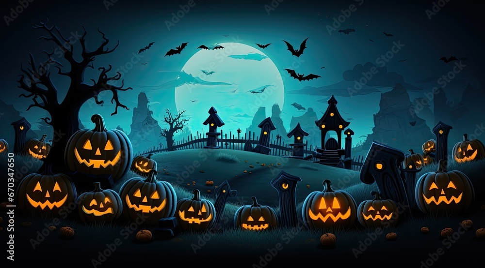 Halloween with tradition symbols. Pumpkins and dark castle on blue Moon background.