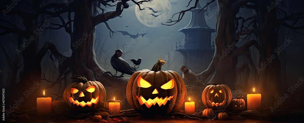 Halloween pumpkins and dark castle, Haunted house, Pumpkins and bats. Halloween pumpkins and dark castle, Haunted house, Pumpkins and bats.