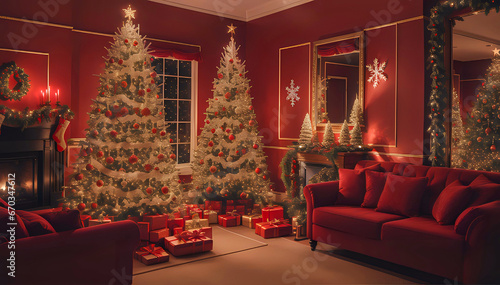 Red-themed interior decoration with Christmas ornaments, Christmas trees, gifts, red armchairs, a fireplace, and a mirror © JES ARB
