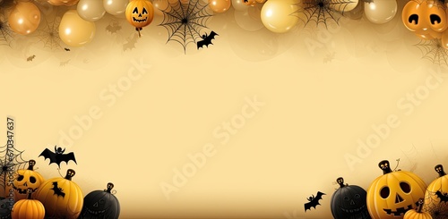 Halloween holiday concept with jack o lantern glitter pumpkin decor decoration and party concept air balloons for halloween over yellow background.
