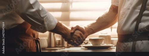 Colleagues, partners, man and woman shake hands, in coffee shop.