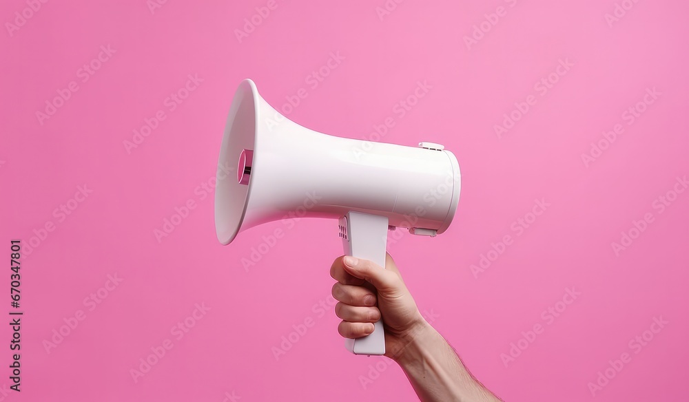 Man holding a pink megaphone to be heard speech. Man holding a pink megaphone to be heard speech.
