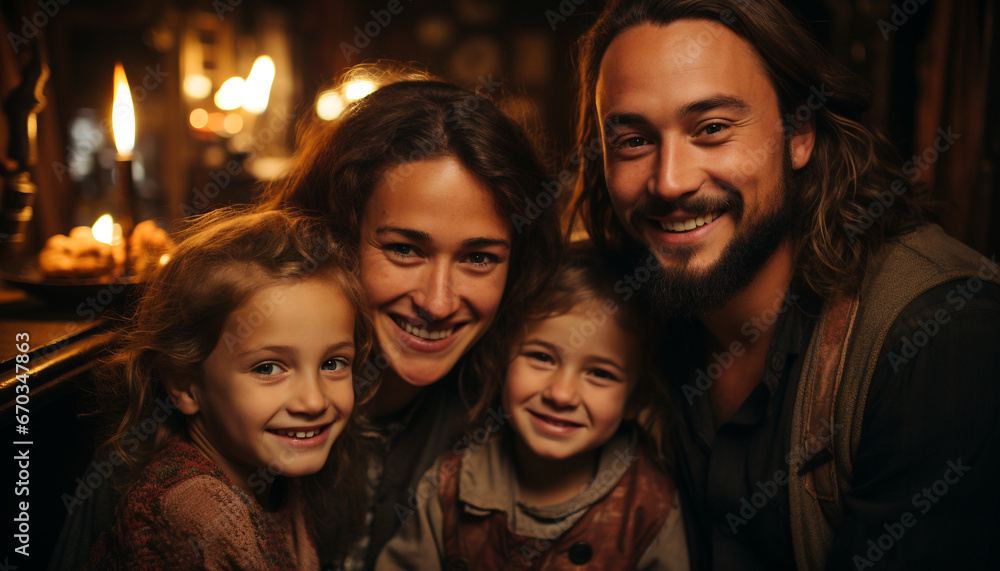 A happy family, smiling and embracing, enjoying winter vacations generated by AI A happy family, smiling and embracing, enjoying winter vacations generated by AI