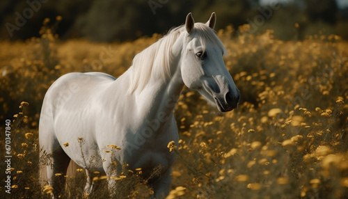 A beautiful mare grazes in the meadow  enjoying the freedom generated by AI