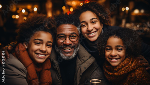 African family smiling, embracing, enjoying winter night, looking at camera generated by AI