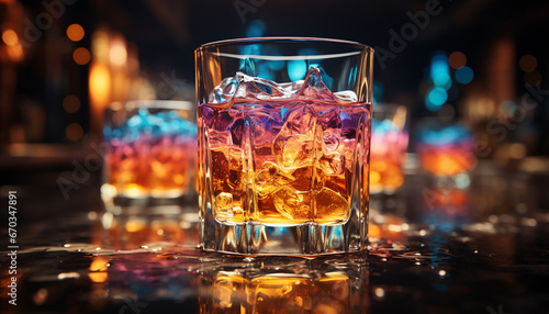 Nightclub party whiskey glass reflects celebration in a vibrant background generated by AI