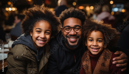 A happy family smiling, embracing, enjoying winter night together generated by AI